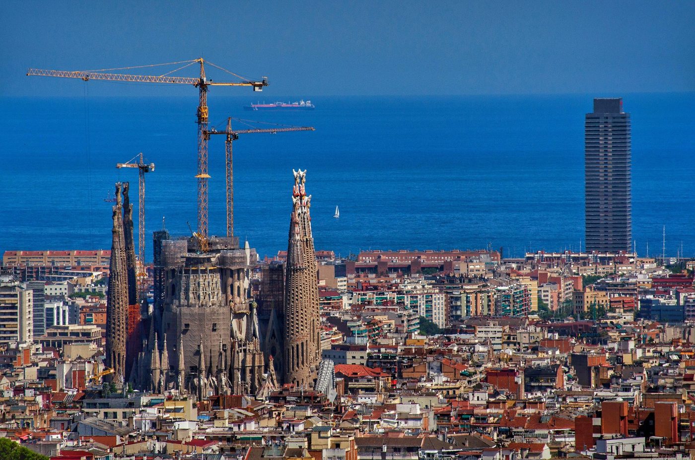 The Sagrada Família with Barcelona and the sea