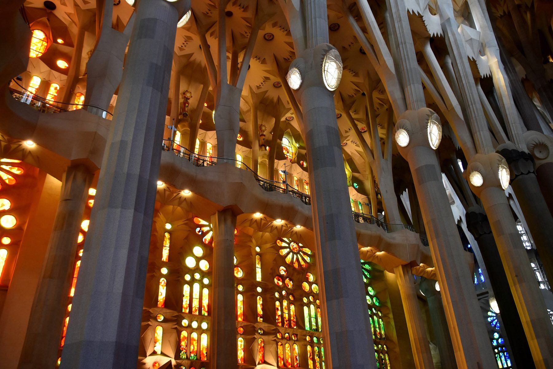 Branching columns and coloured evening light inside the Basilica.