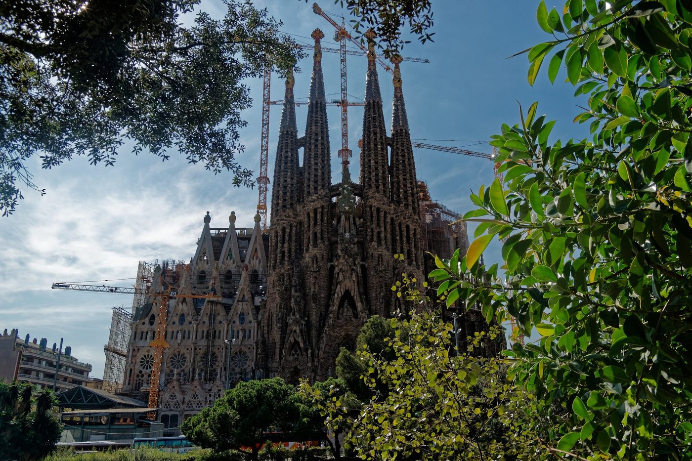 The Nativity façade across Plaça de Gaudí.